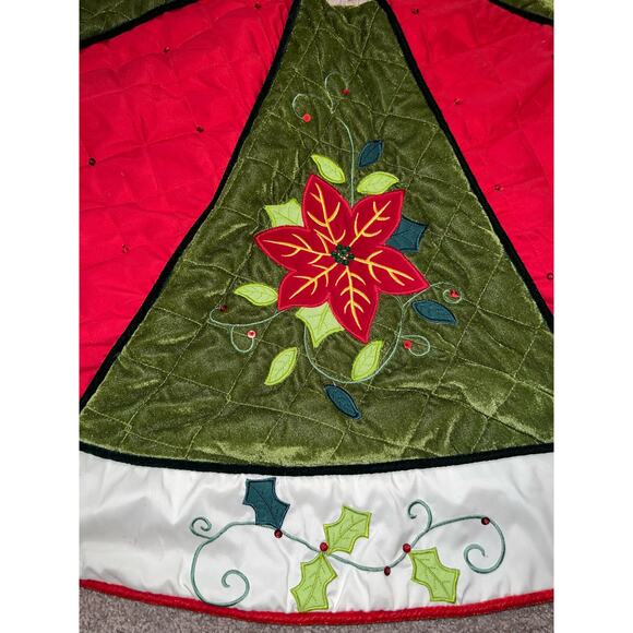 50" Poinsettia Velvet Sateen Pierced Quilted Embroidered Christmas Tree Skirt - Picture 4 of 12